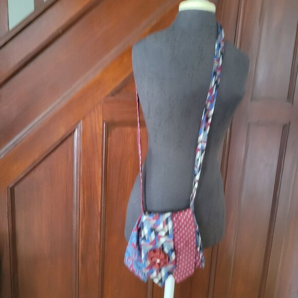 Upcycled Handmade Tie Crossbody Bag With Geometric Patterns & Floral Accent - Picture 11 of 11